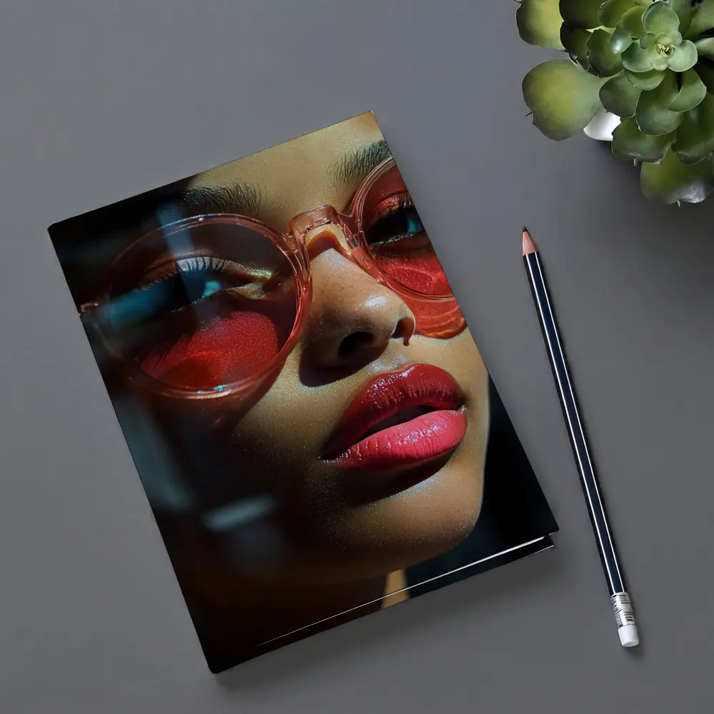 Woman Red Sunglasses Bold Lips Dark Background – Notebooks