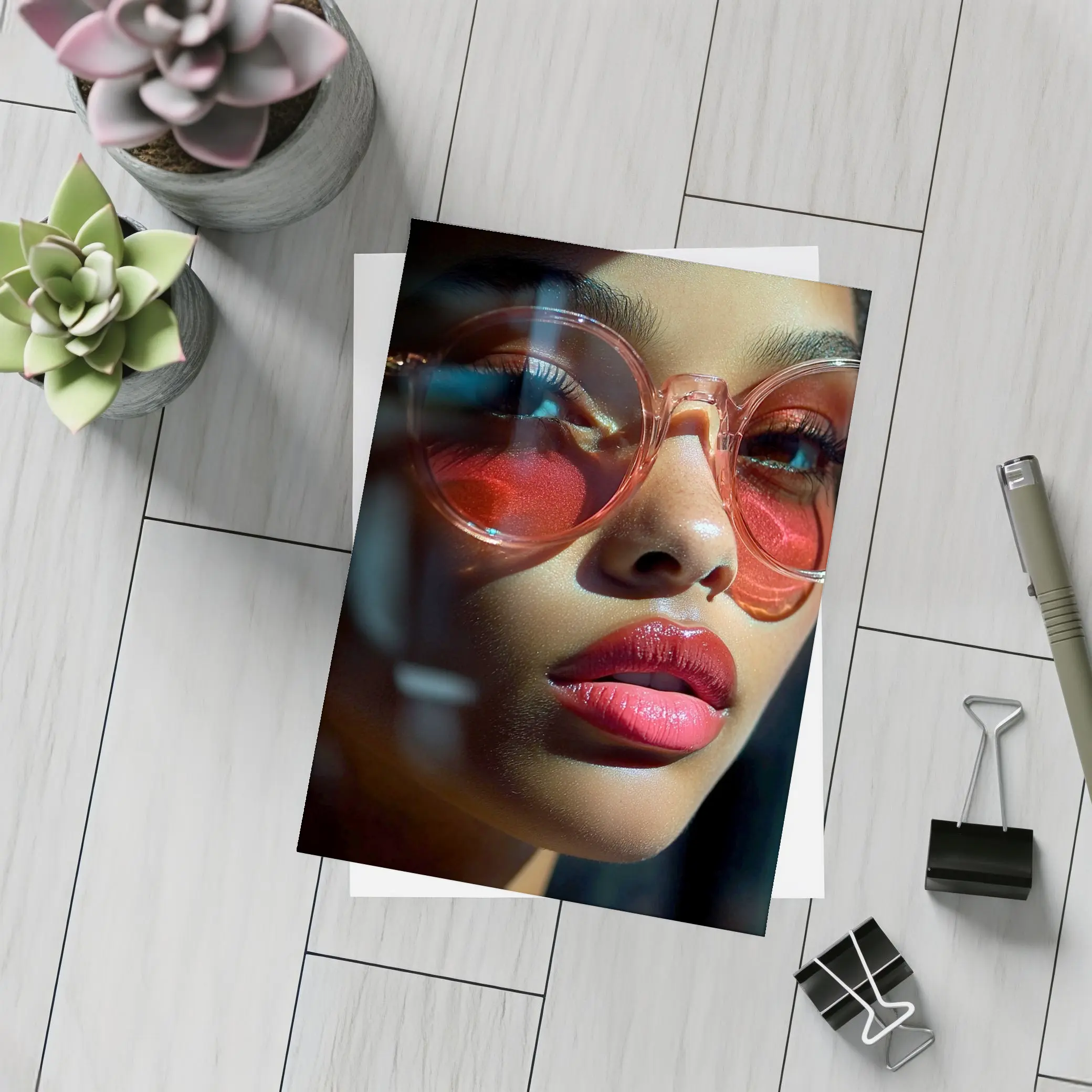 Woman Red Sunglasses Bold Lips Dark Background – Postcards