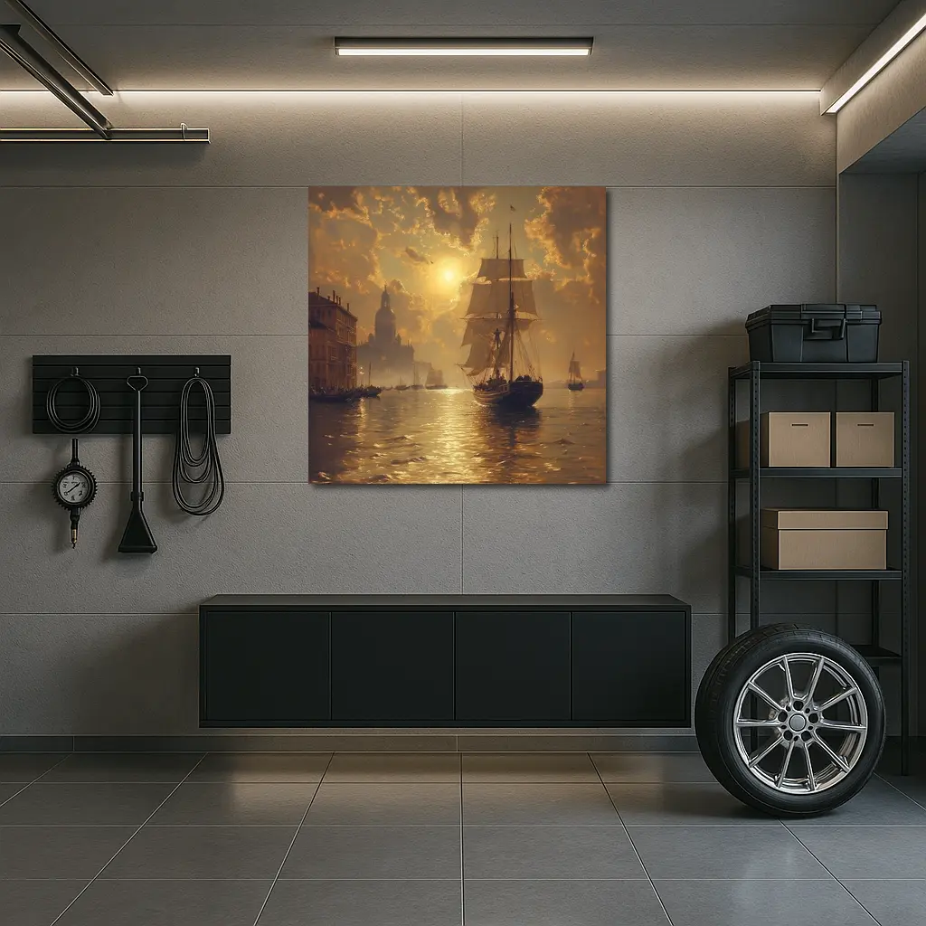 Tall Ship Venice Canal Golden Sunset Painting – Wall Art