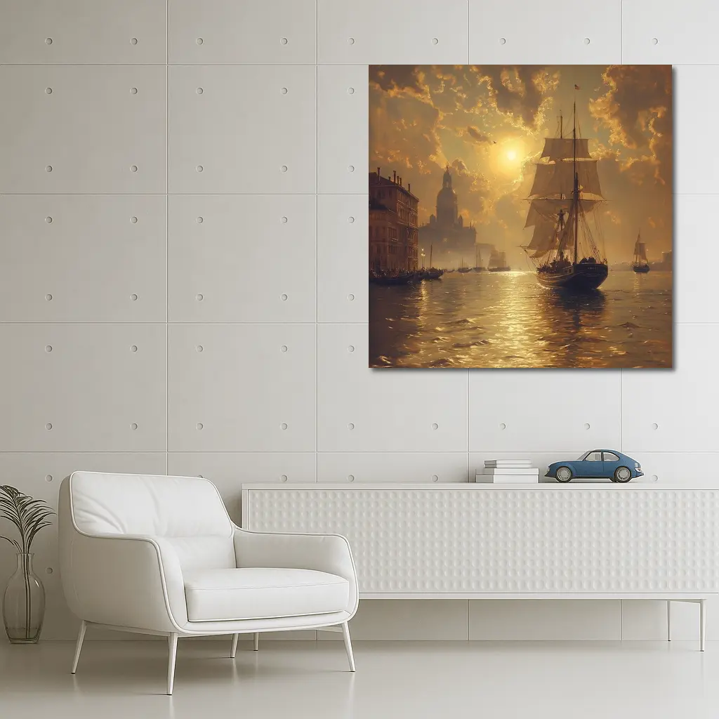Tall Ship Venice Canal Golden Sunset Painting – Wall Art