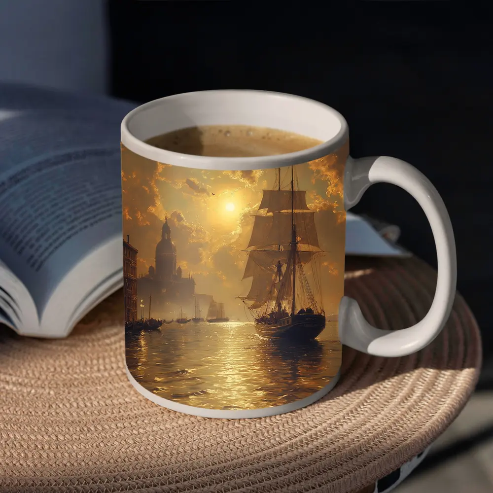 Tall Ship Venice Canal Golden Sunset Painting – Mugs