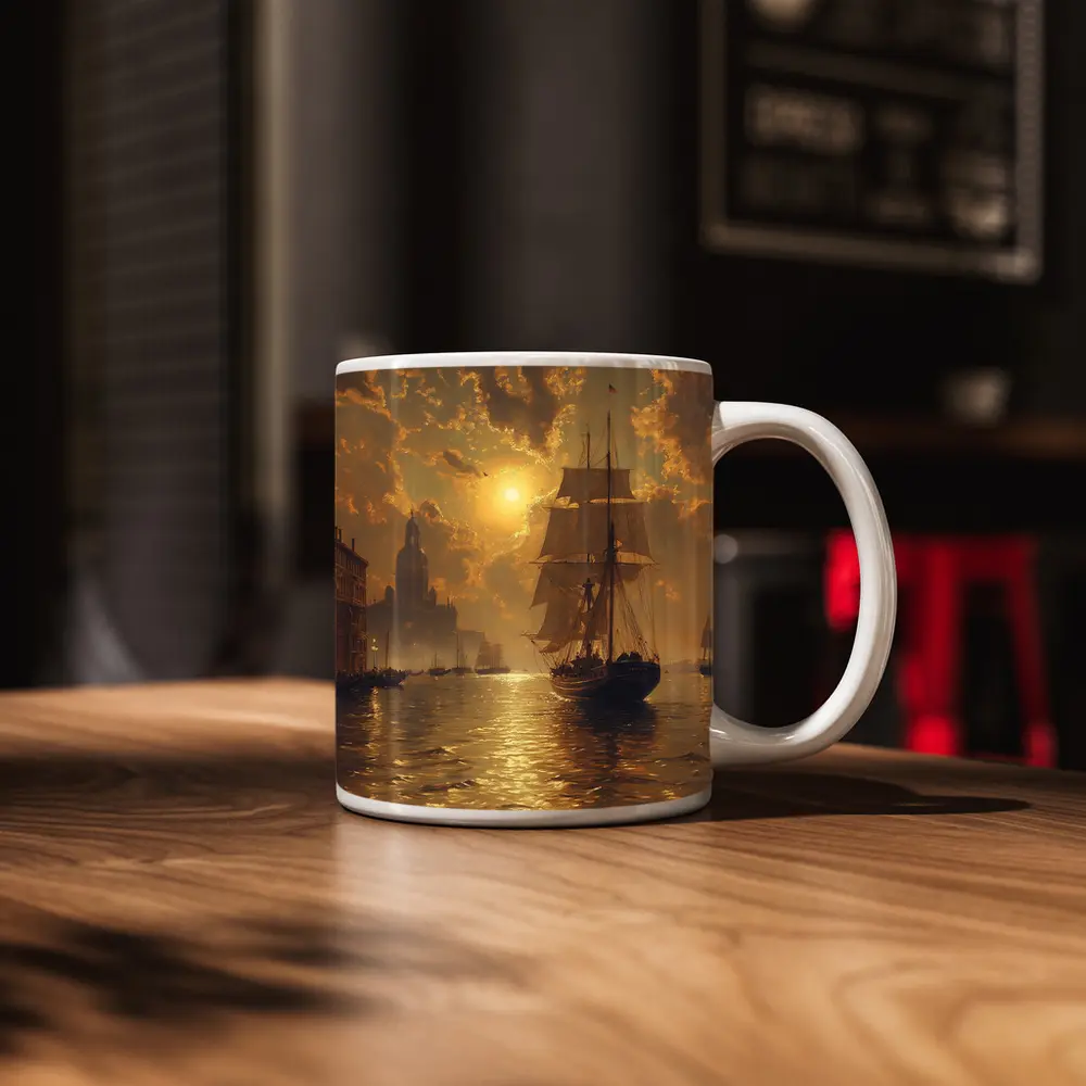 Tall Ship Venice Canal Golden Sunset Painting – Mugs