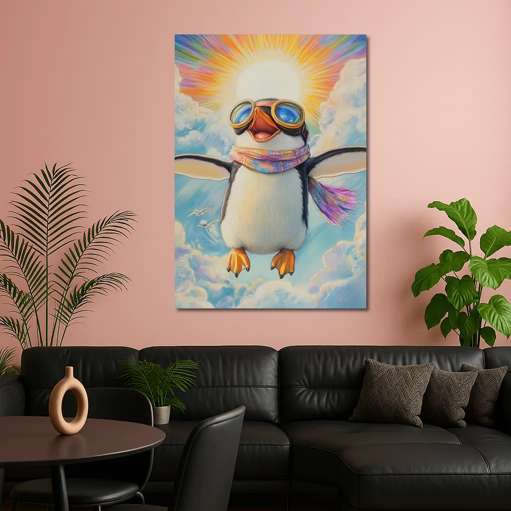 Happy Penguin Flying Through Colorful Sky – Wall Art