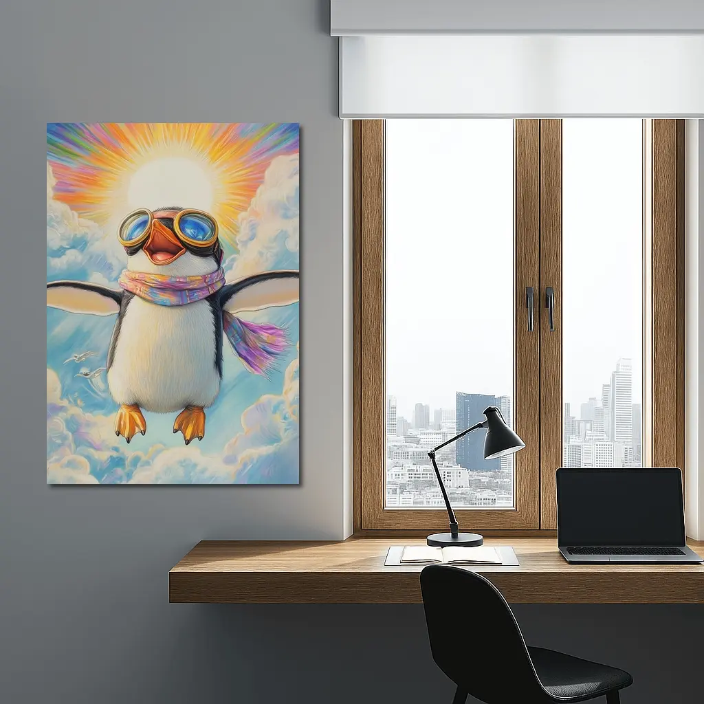 Happy Penguin Flying Through Colorful Sky – Wall Art