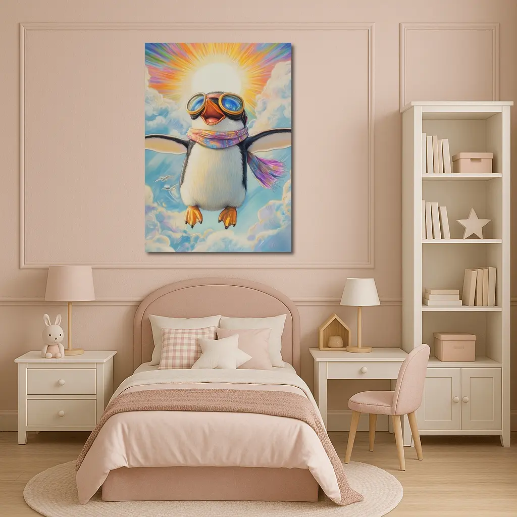 Happy Penguin Flying Through Colorful Sky – Wall Art