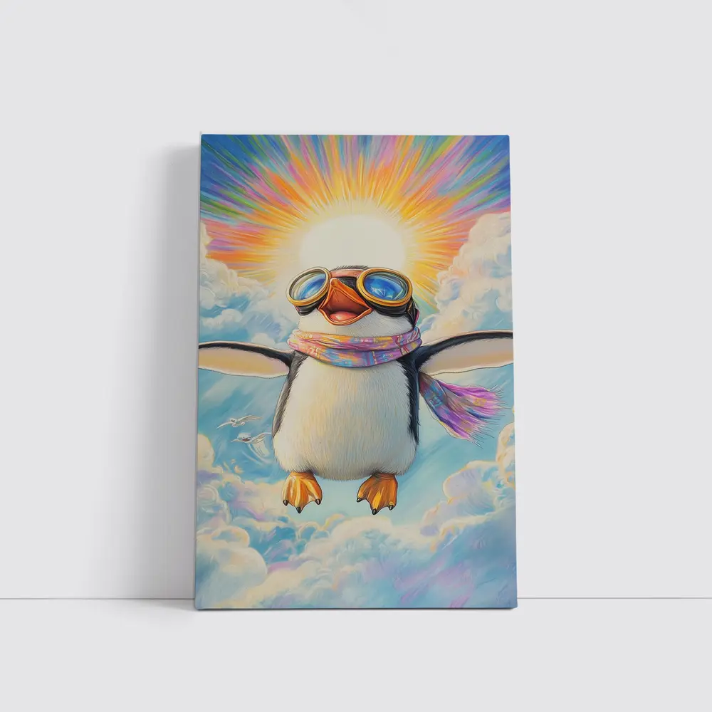 Happy Penguin Flying Through Colorful Sky – Wall Art