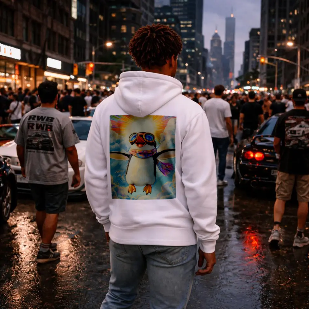 Happy Penguin Flying Through Colorful Sky – Hoodies