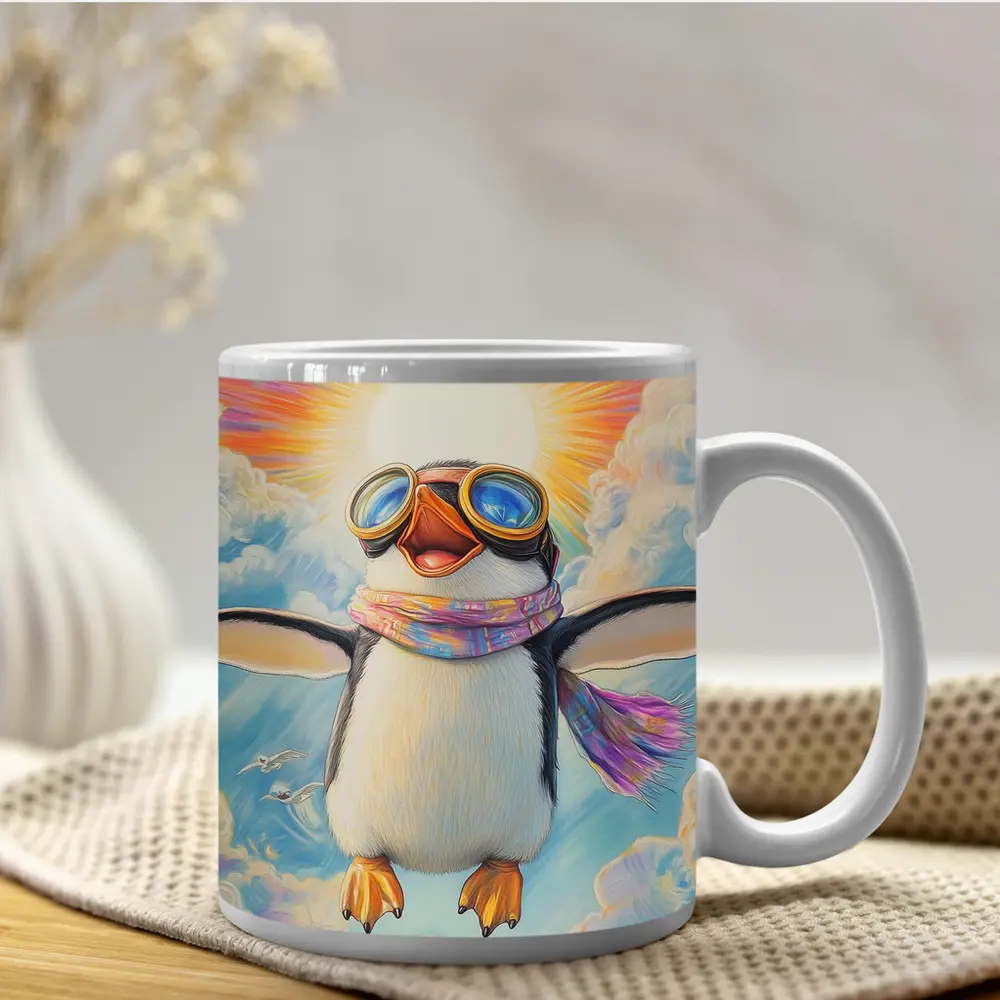 Happy Penguin Flying Through Colorful Sky – Mugs