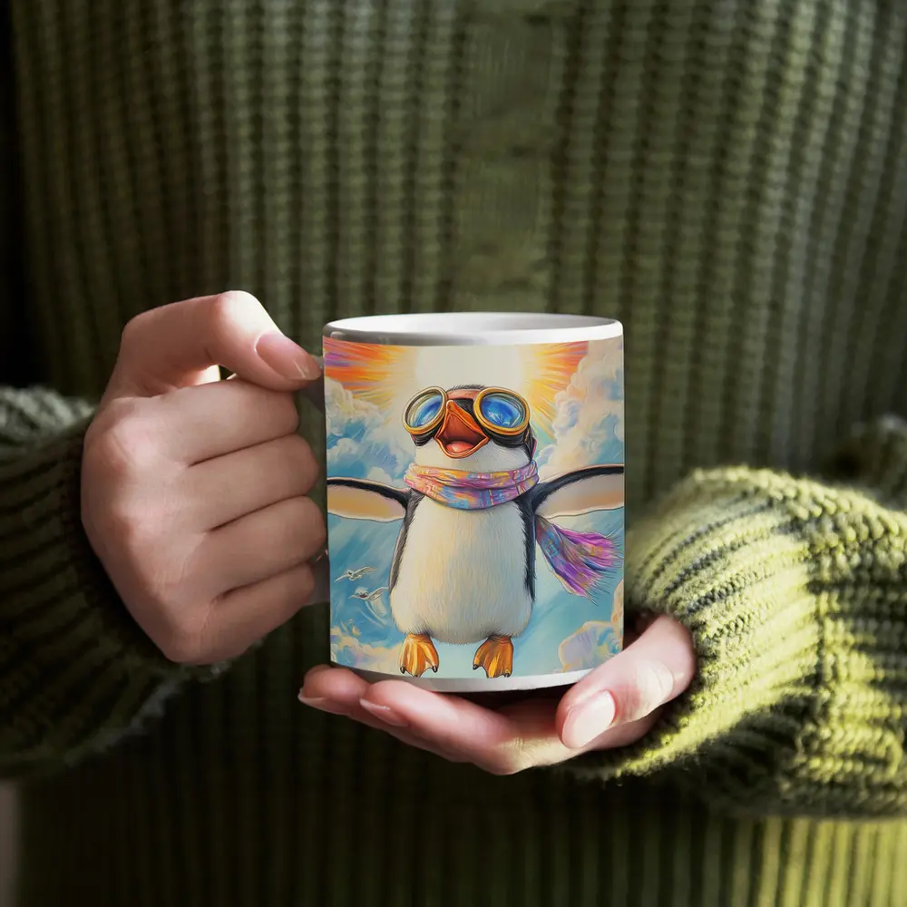 Happy Penguin Flying Through Colorful Sky – Mugs