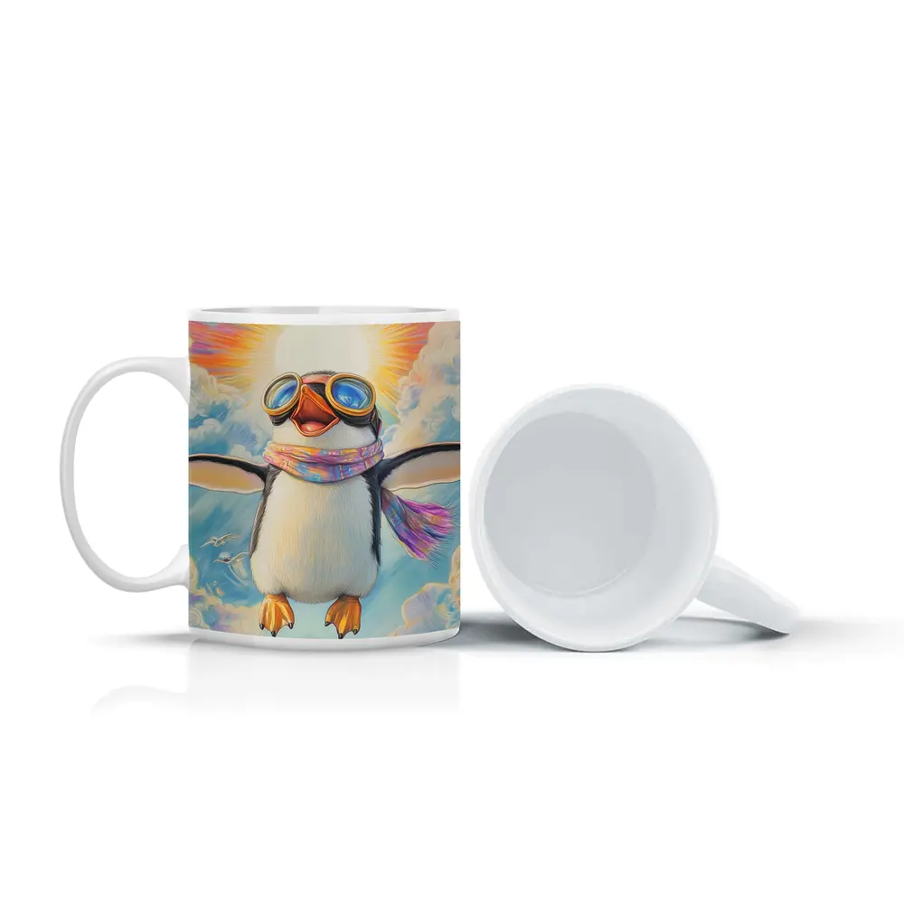 Happy Penguin Flying Through Colorful Sky – Mugs