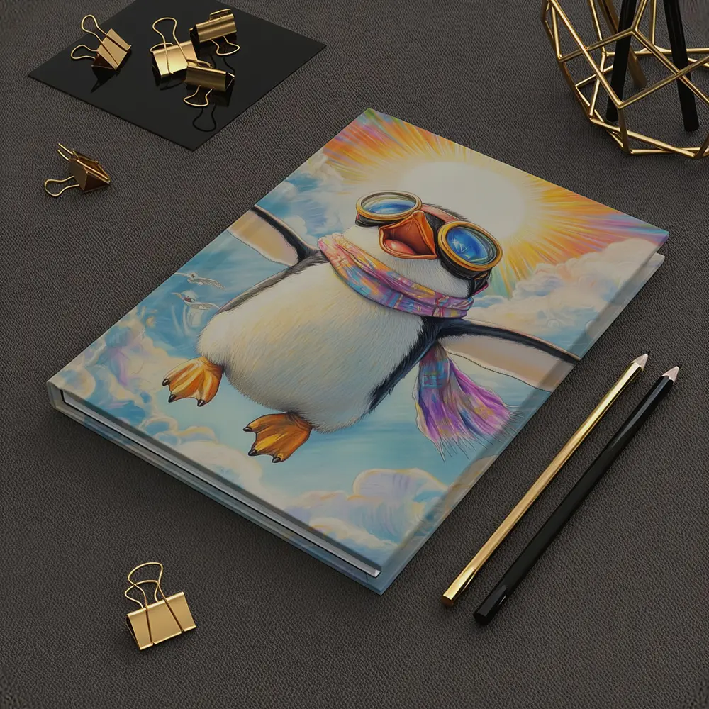 Happy Penguin Flying Through Colorful Sky – Notebooks
