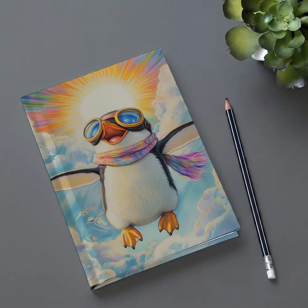 Happy Penguin Flying Through Colorful Sky – Notebooks