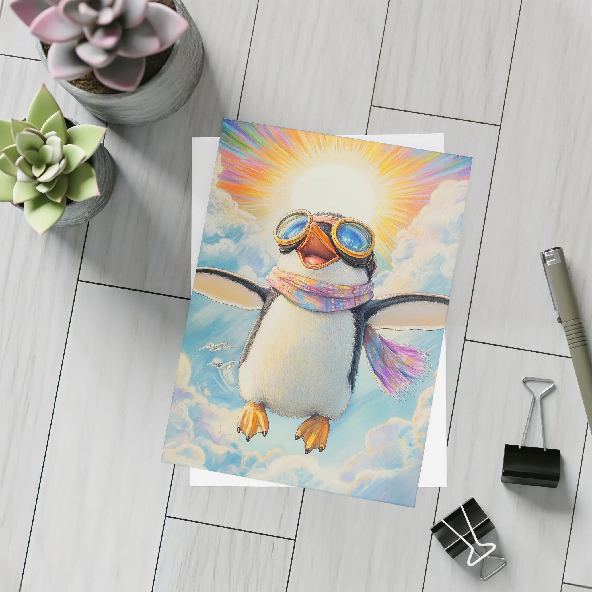 Happy Penguin Flying Through Colorful Sky – Postcards