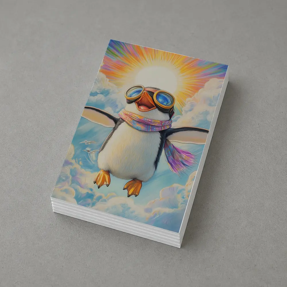 Happy Penguin Flying Through Colorful Sky – Postcards