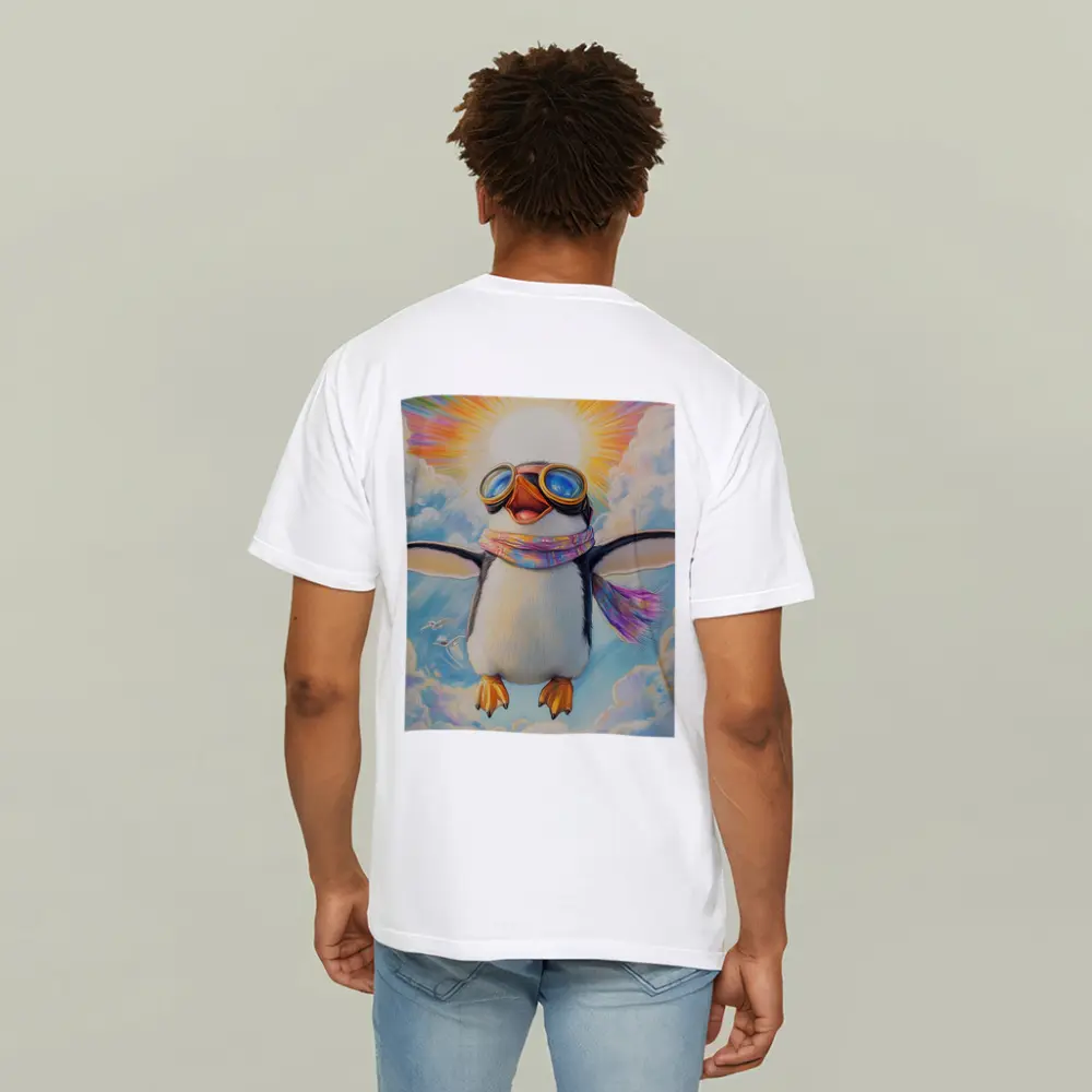 Happy Penguin Flying Through Colorful Sky – T-Shirts