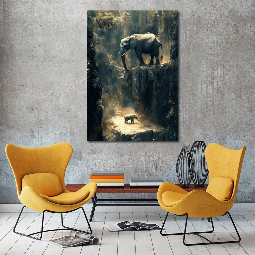 Elephants on Rocky Canyon Cliffs Surreal – Wall Art