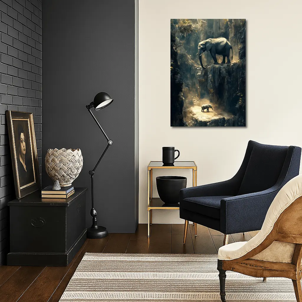 Elephants on Rocky Canyon Cliffs Surreal – Wall Art