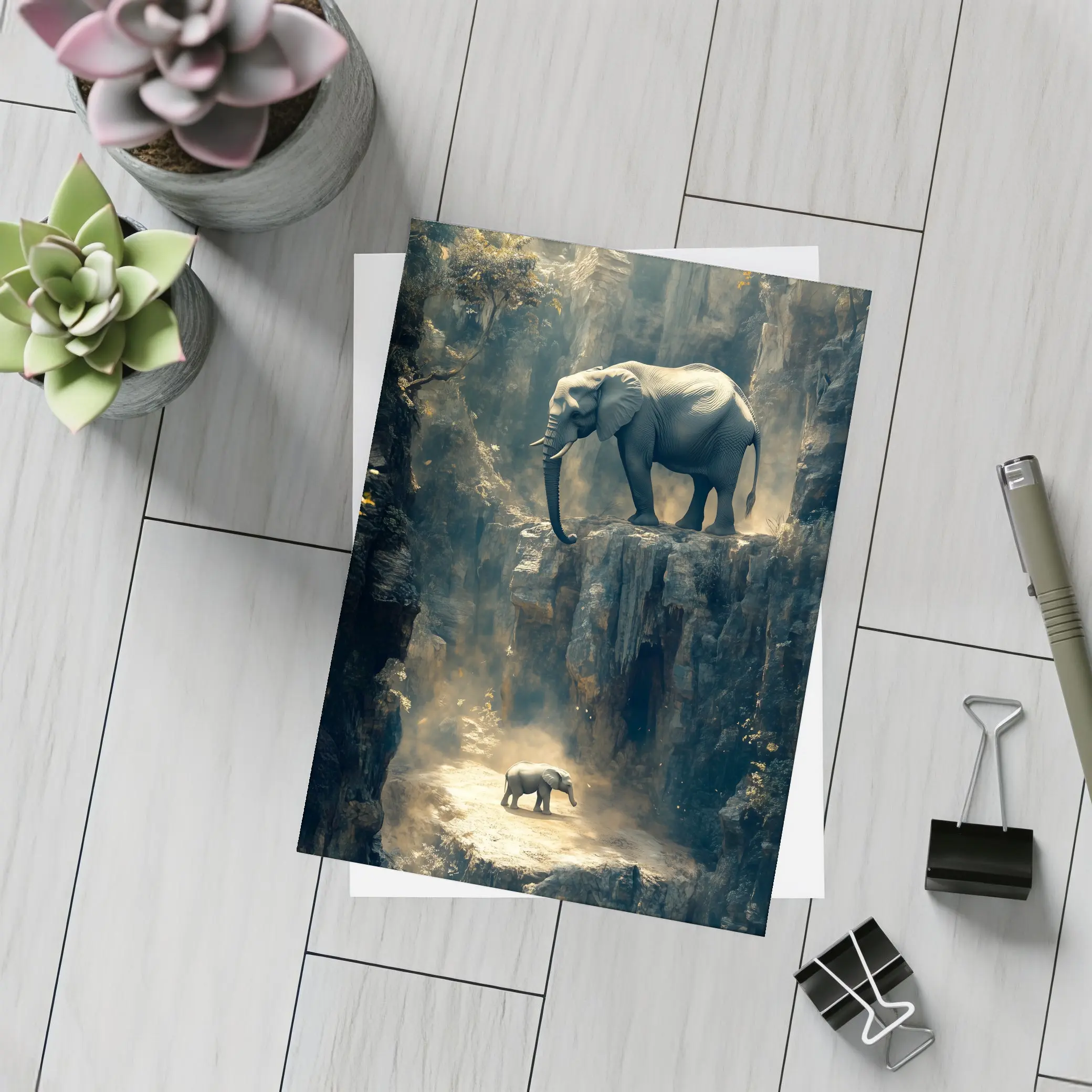 Elephants on Rocky Canyon Cliffs Surreal – Postcards