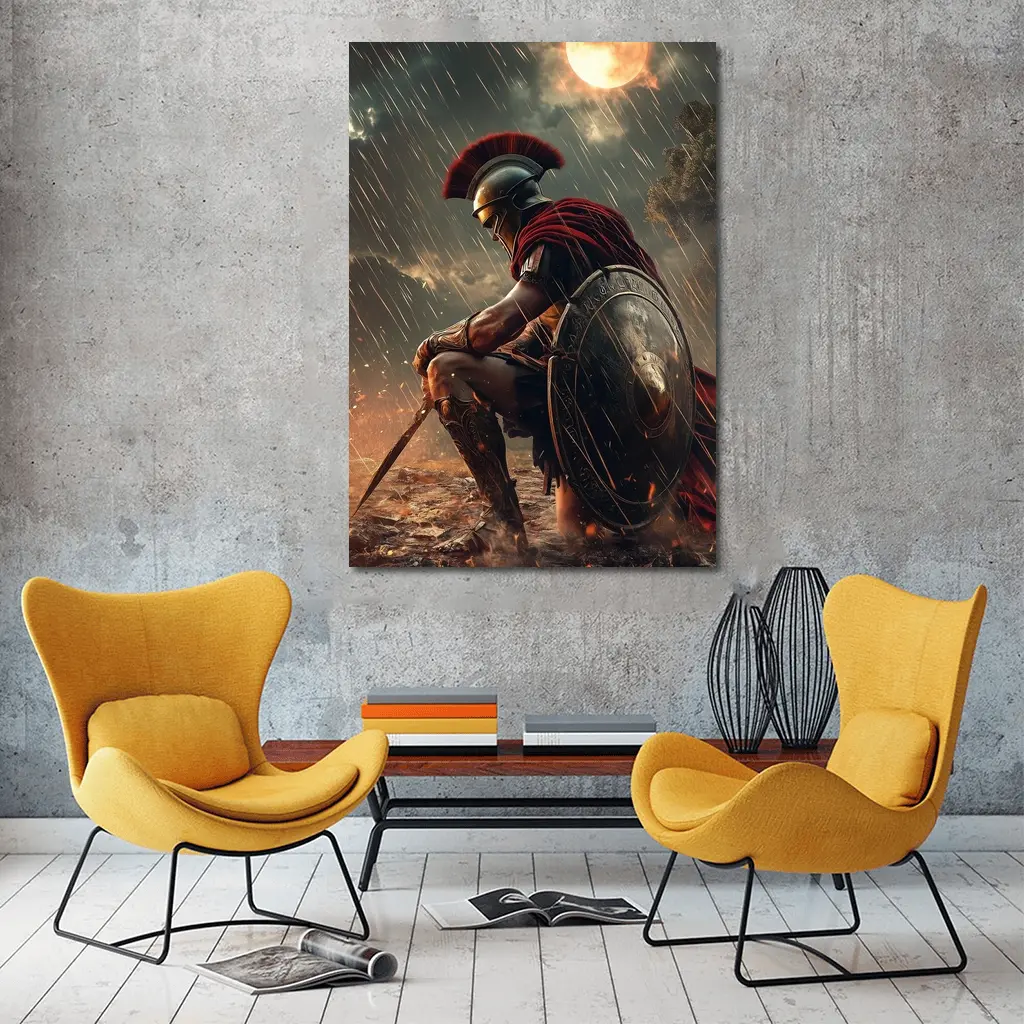 Spartan Warrior Kneeling Under Blood Moon – Wall Art
