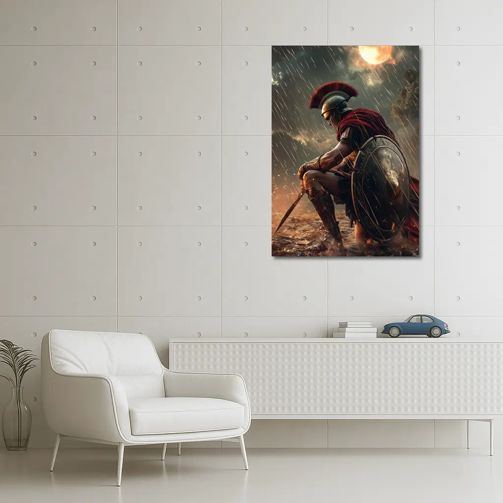 Spartan Warrior Kneeling Under Blood Moon – Wall Art
