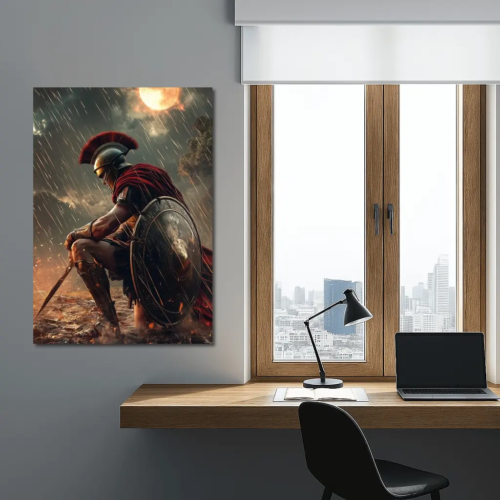 Spartan Warrior Kneeling Under Blood Moon – Wall Art