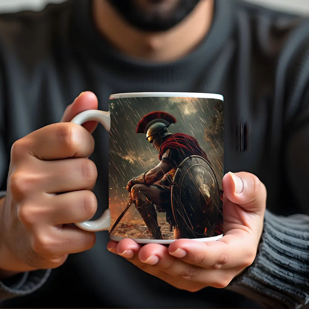 Spartan Warrior Kneeling Under Blood Moon – Mugs
