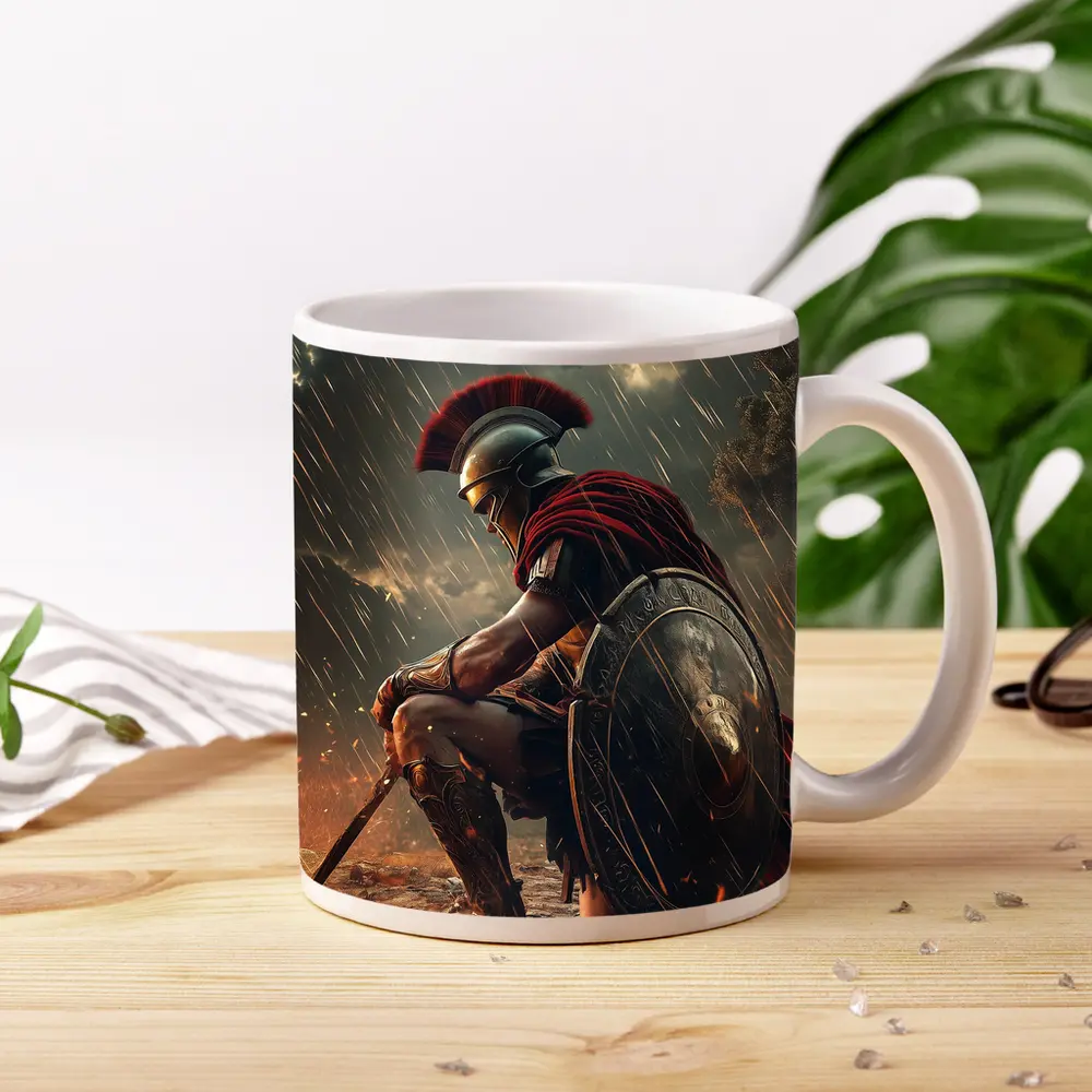 Spartan Warrior Kneeling Under Blood Moon – Mugs