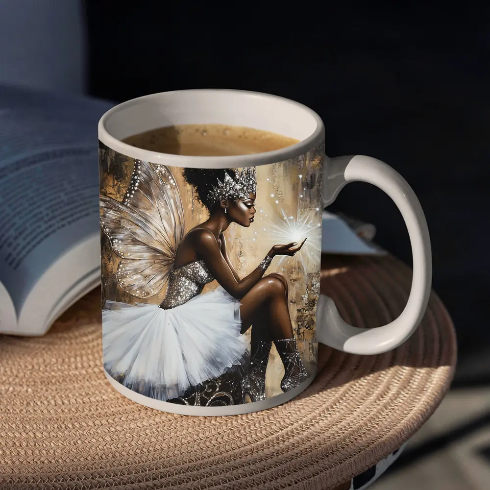 Black Fairy Queen Glitter Wings Fantasy Art – Mugs