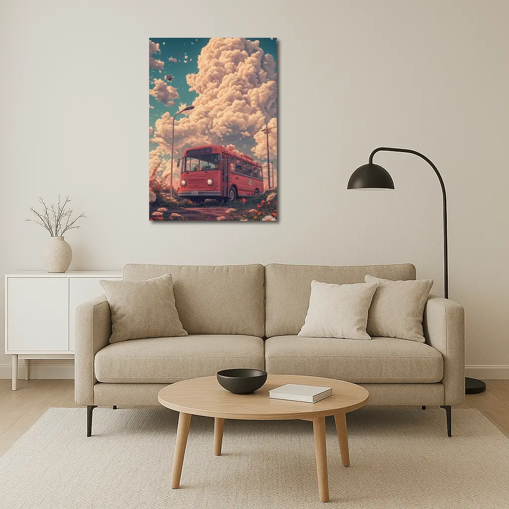 Red Bus Anime Floral Cloudy Sky Scene – Wall Art