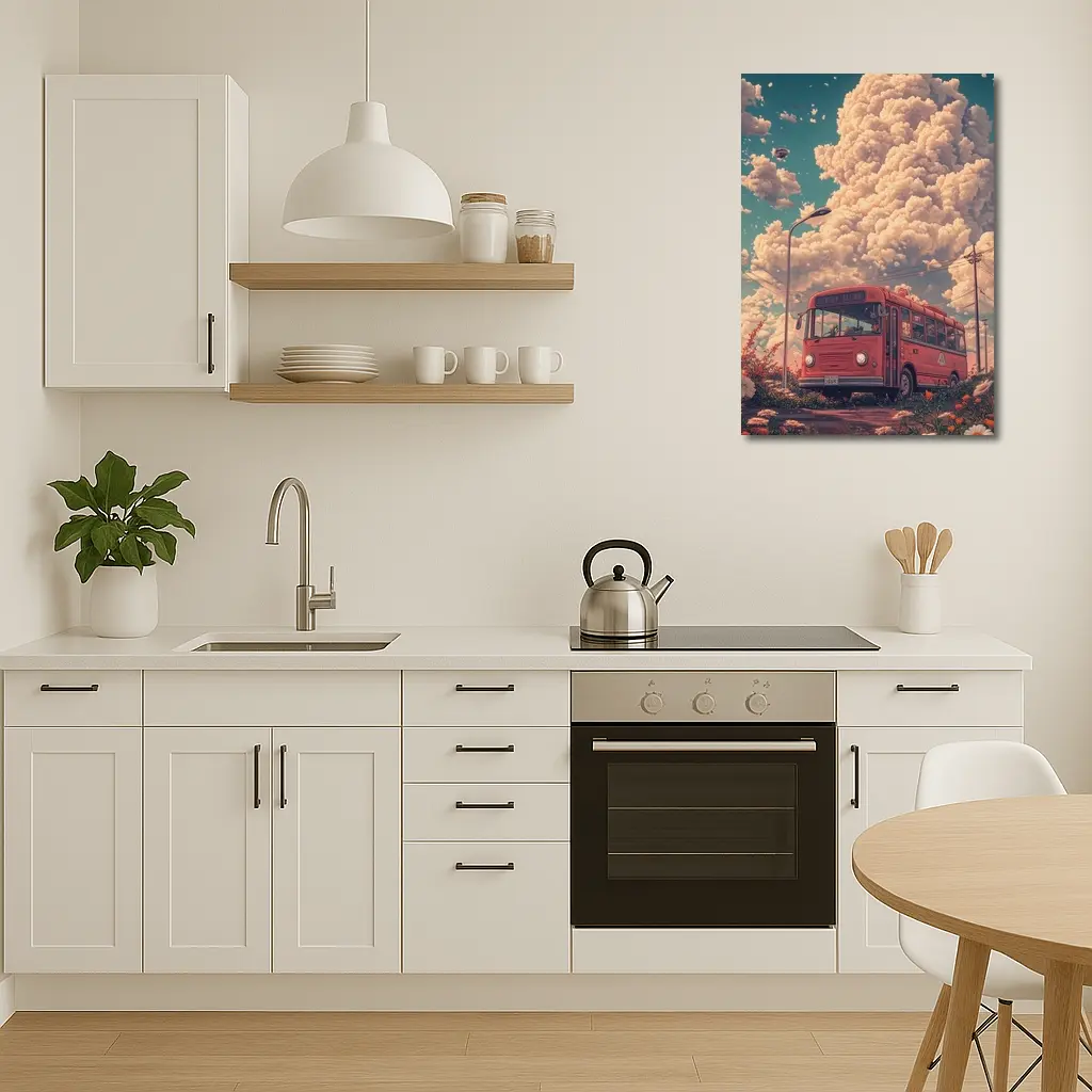 Red Bus Anime Floral Cloudy Sky Scene – Wall Art