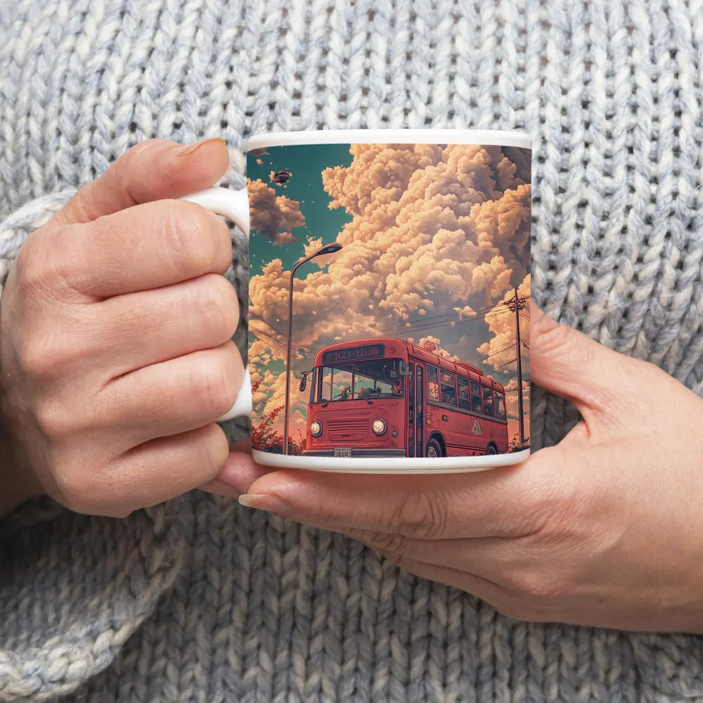 Red Bus Anime Floral Cloudy Sky Scene – Mugs