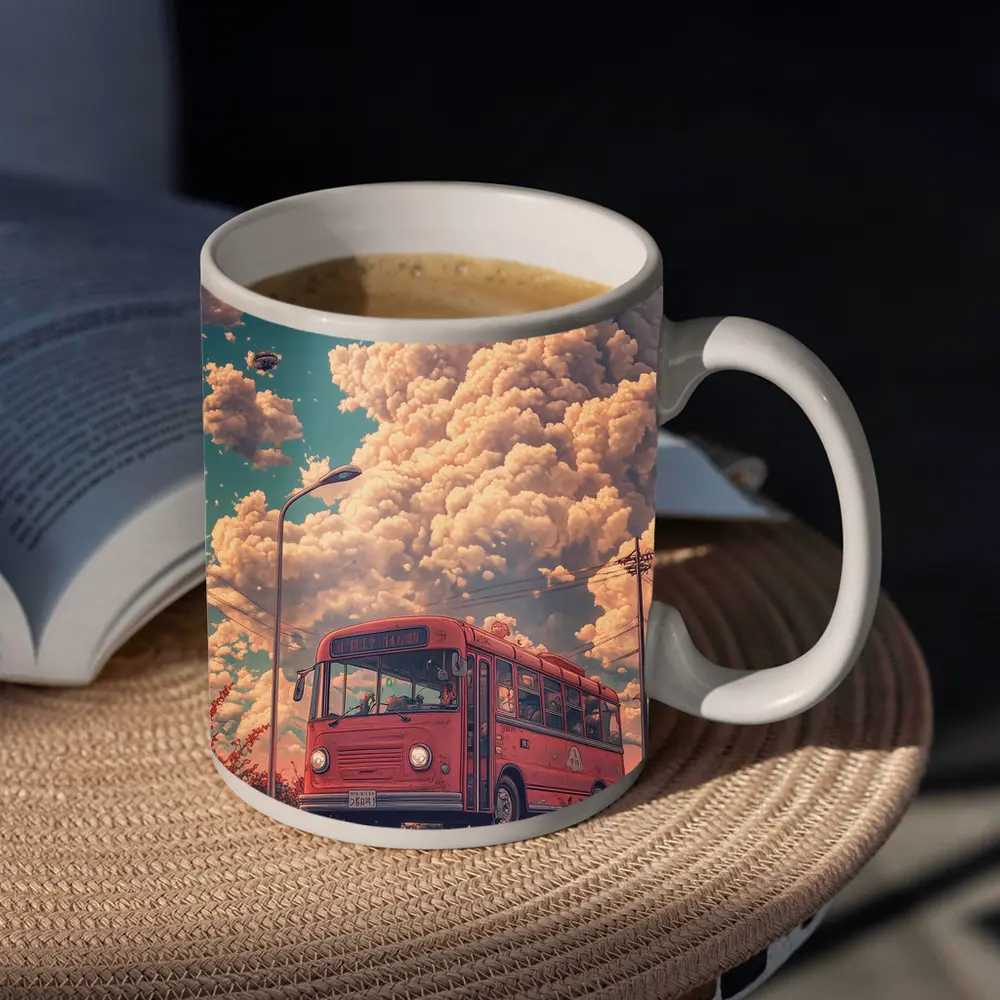 Red Bus Anime Floral Cloudy Sky Scene – Mugs