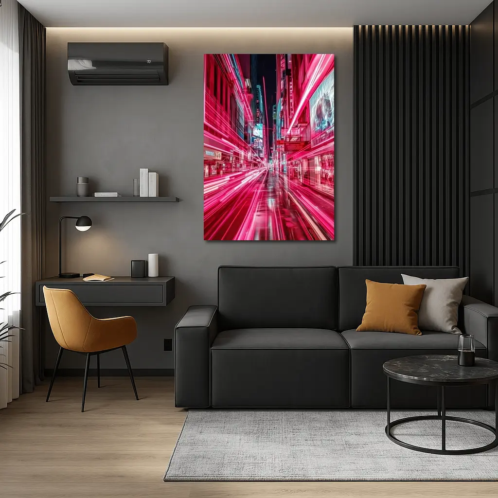 Neon Pink City Street Light Trails Night – Wall Art
