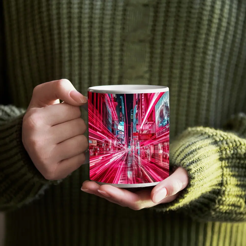 Neon Pink City Street Light Trails Night – Mugs