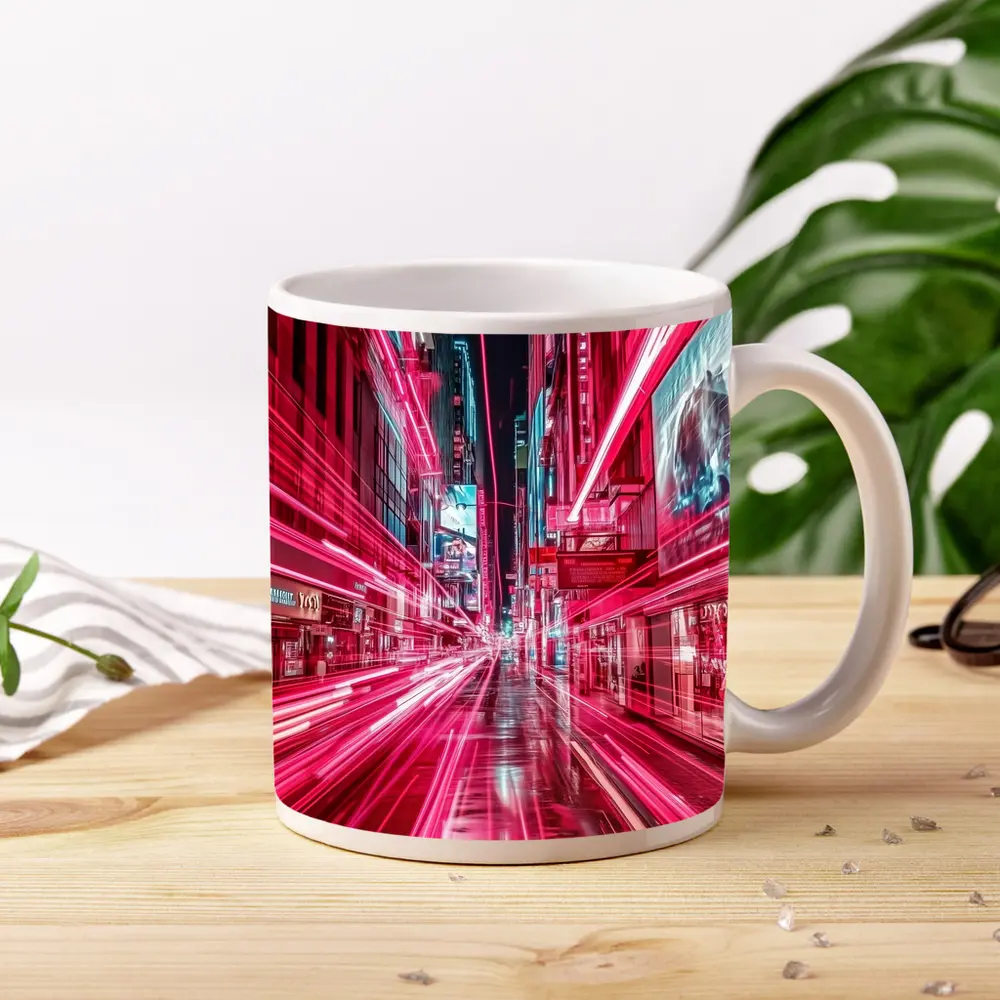 Neon Pink City Street Light Trails Night – Mugs