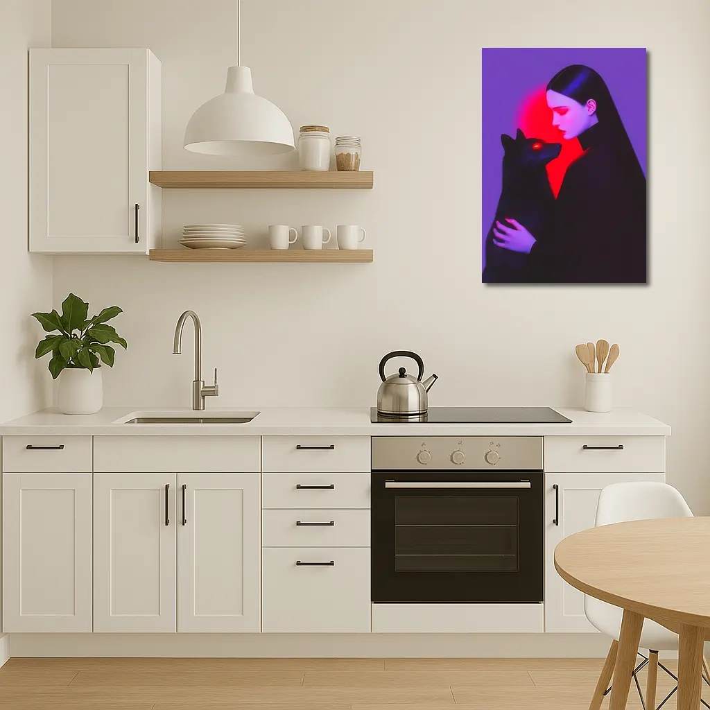 Dark Woman Holding Black Wolf Purple Background – Wall Art