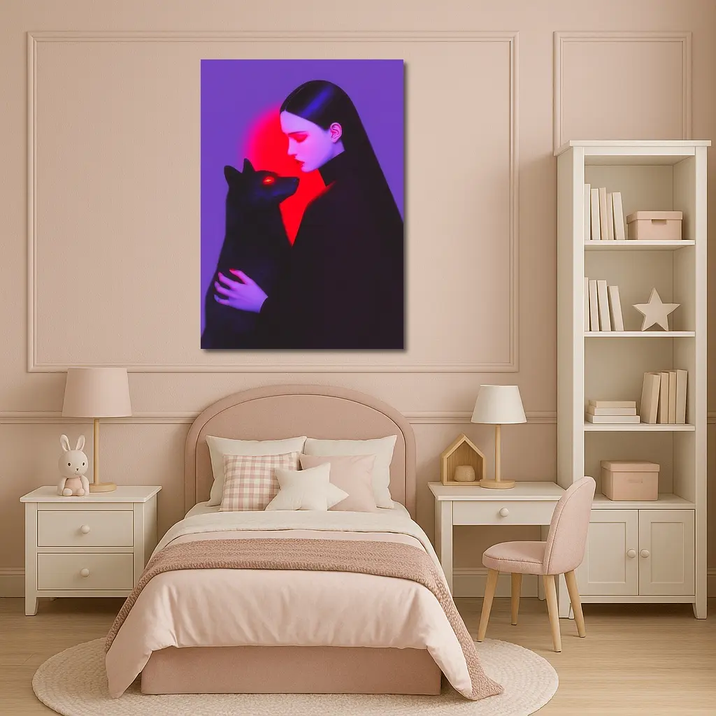 Dark Woman Holding Black Wolf Purple Background – Wall Art