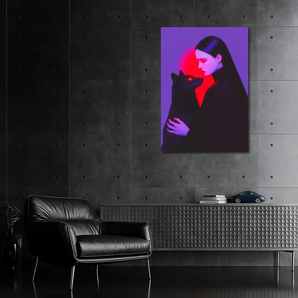 Dark Woman Holding Black Wolf Purple Background – Wall Art