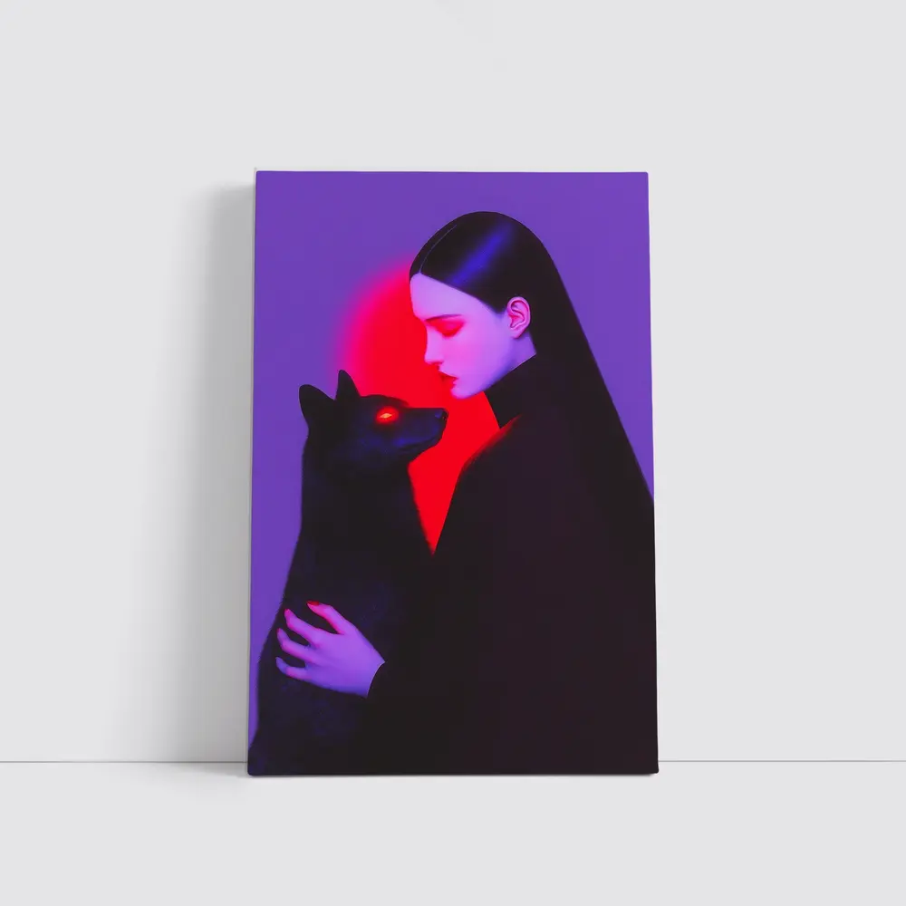 Dark Woman Holding Black Wolf Purple Background – Wall Art