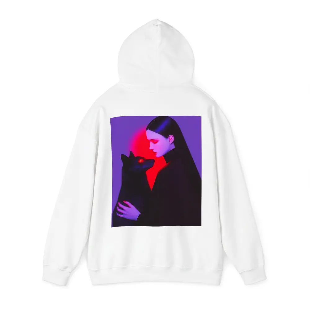Dark Woman Holding Black Wolf Purple Background – Hoodies