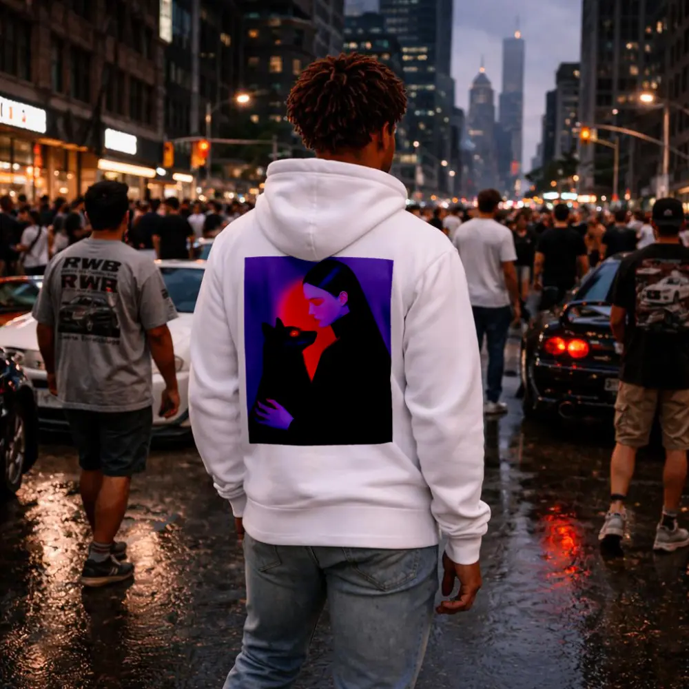 Dark Woman Holding Black Wolf Purple Background – Hoodies