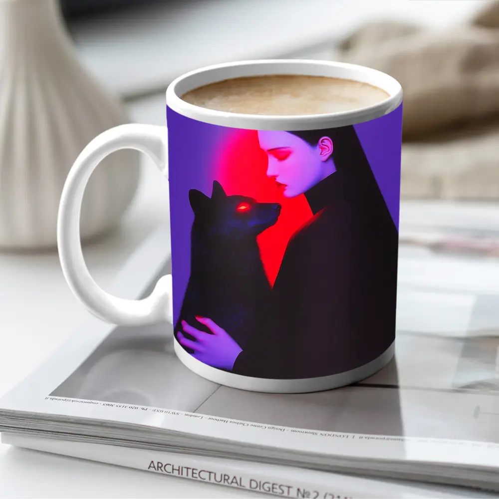 Dark Woman Holding Black Wolf Purple Background – Mugs