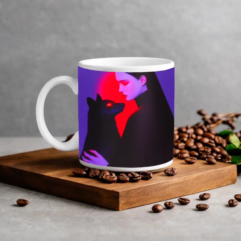 Dark Woman Holding Black Wolf Purple Background – Mugs