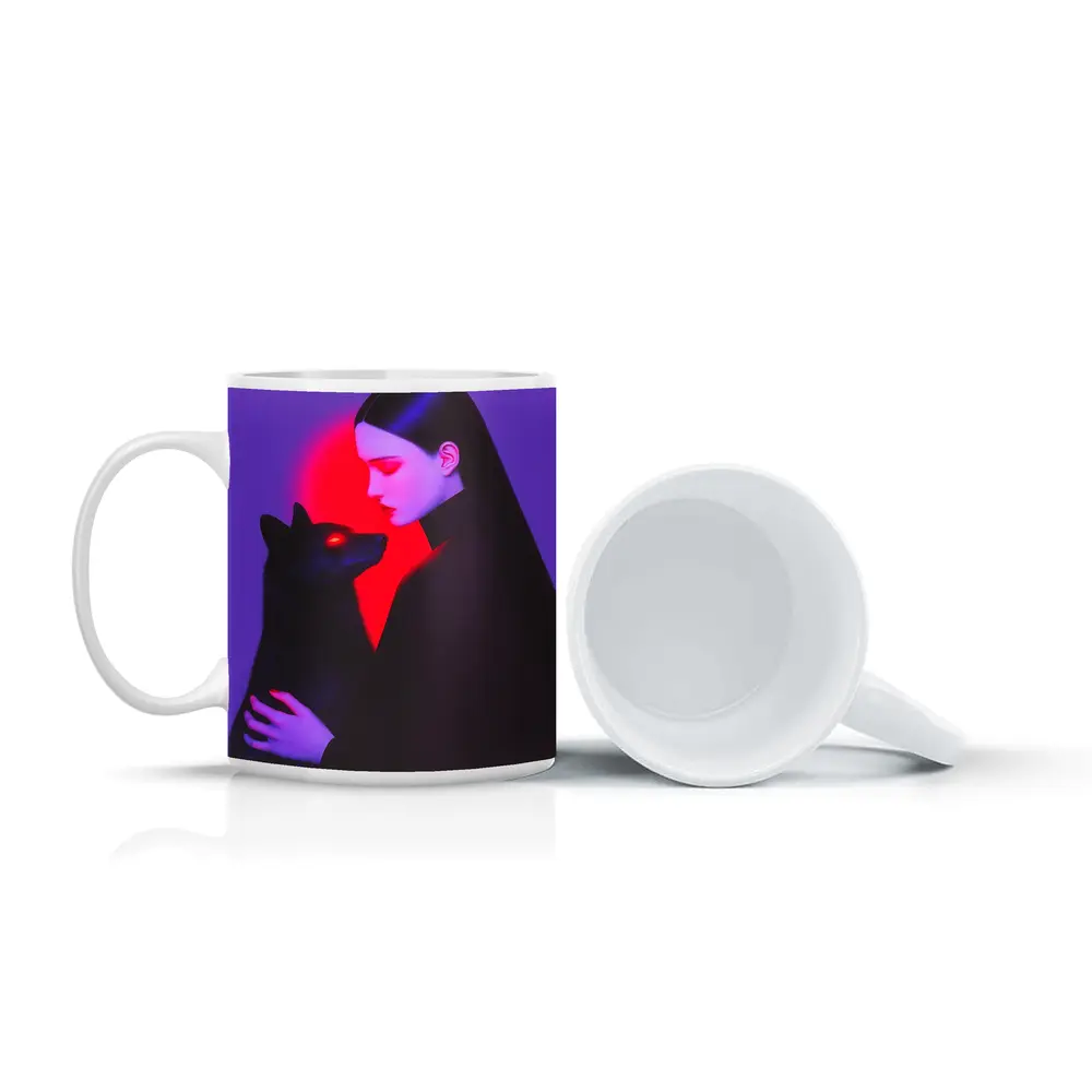 Dark Woman Holding Black Wolf Purple Background – Mugs