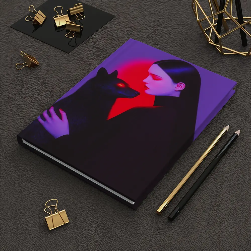 Dark Woman Holding Black Wolf Purple Background – Notebooks
