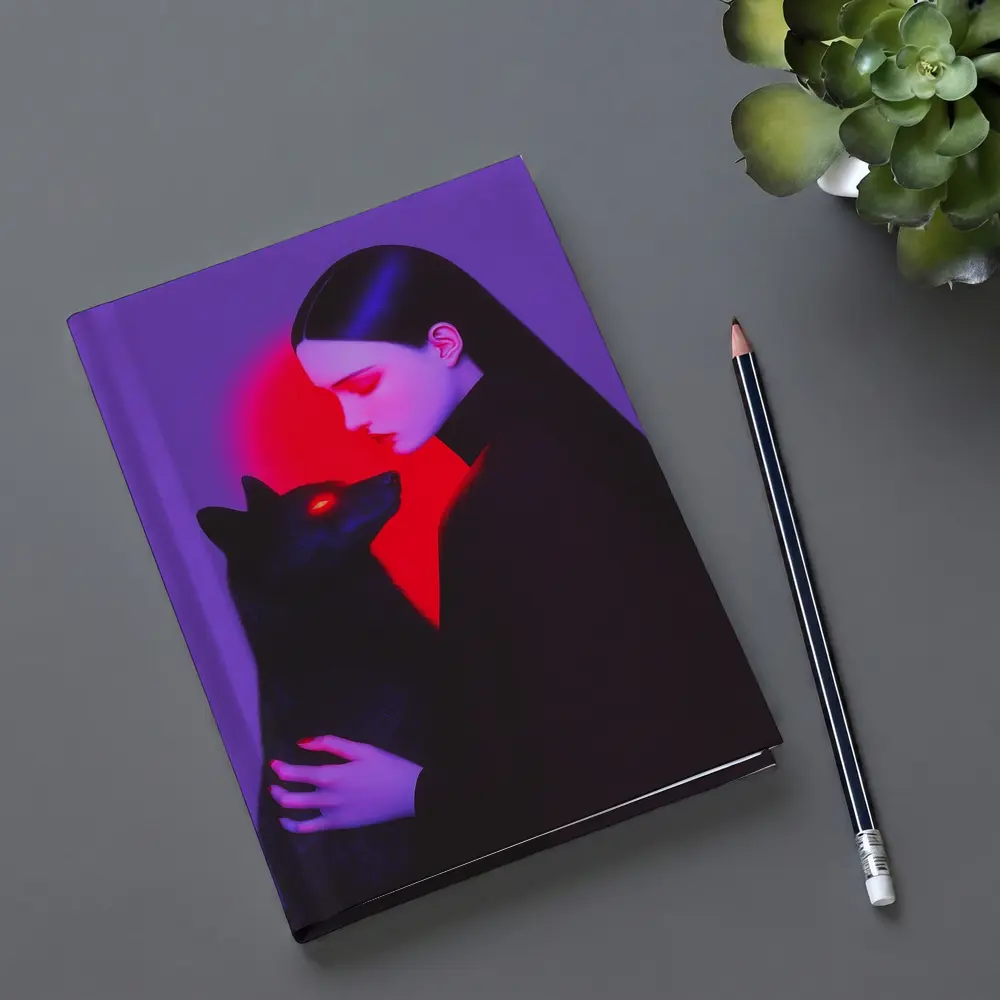 Dark Woman Holding Black Wolf Purple Background – Notebooks