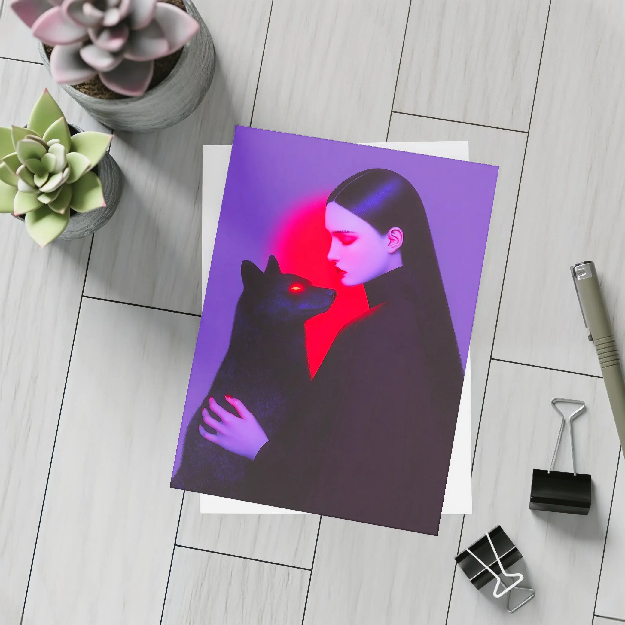 Dark Woman Holding Black Wolf Purple Background – Postcards