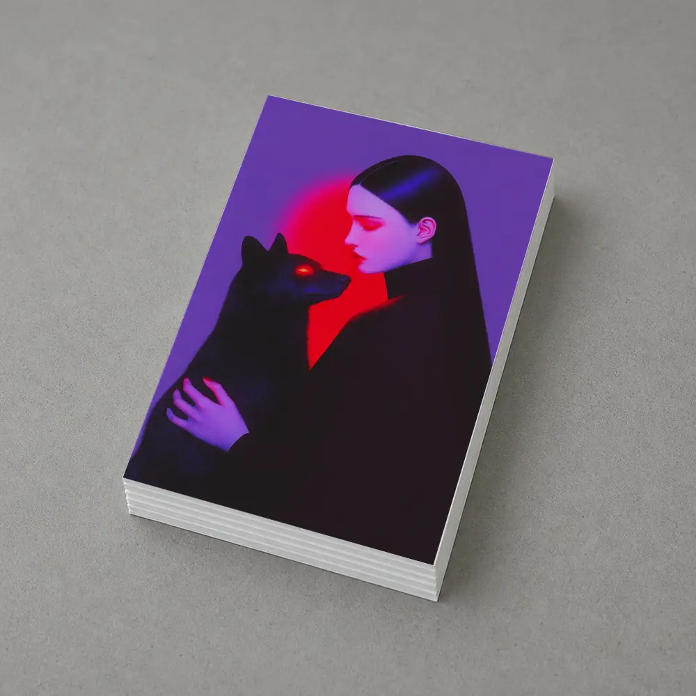 Dark Woman Holding Black Wolf Purple Background – Postcards