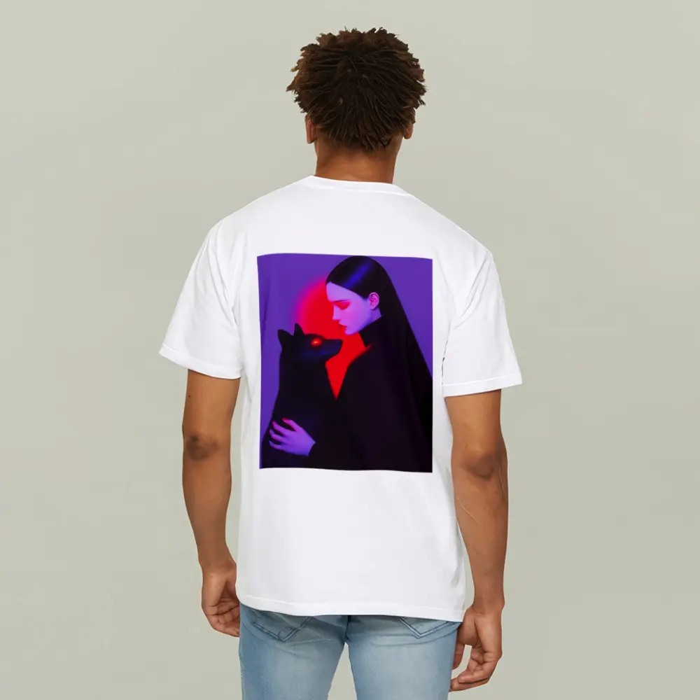 Dark Woman Holding Black Wolf Purple Background – T-Shirts