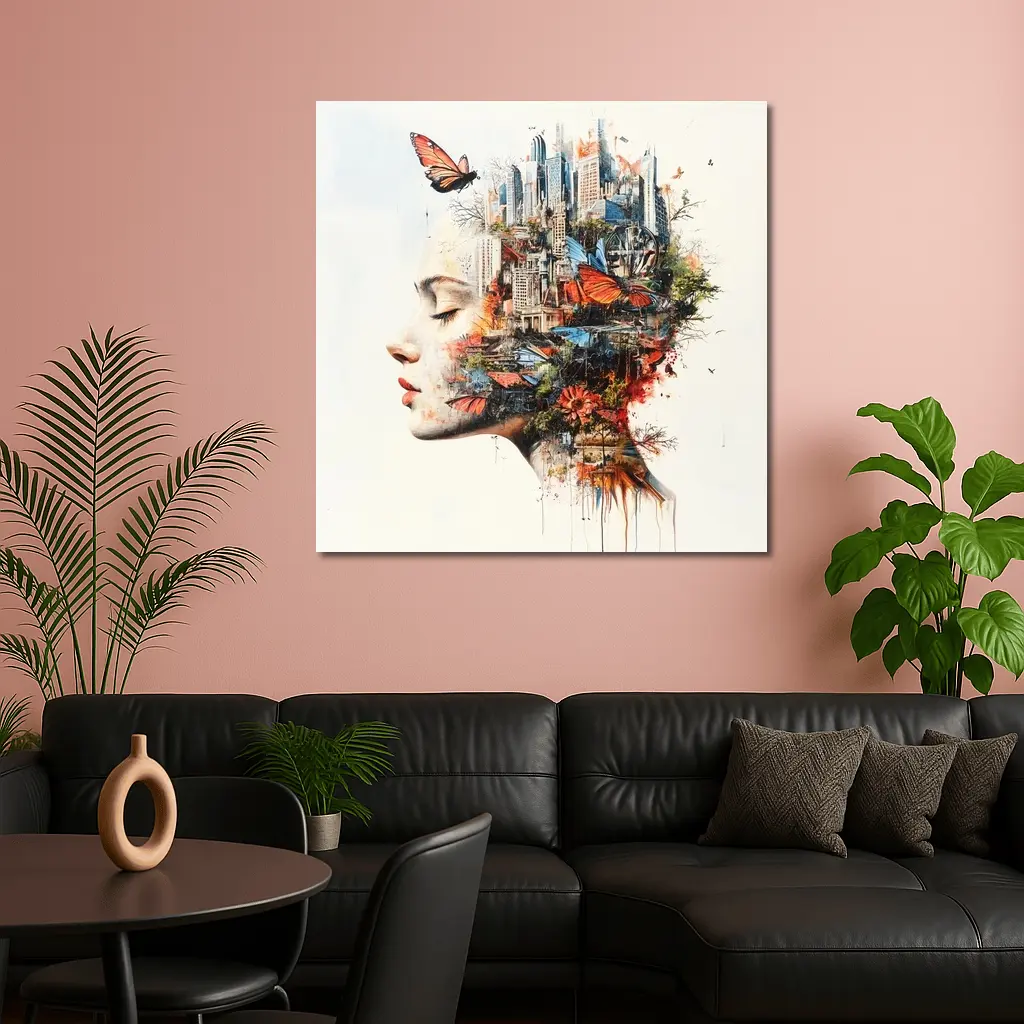 Woman Face Double Exposure City Butterflies – Wall Art